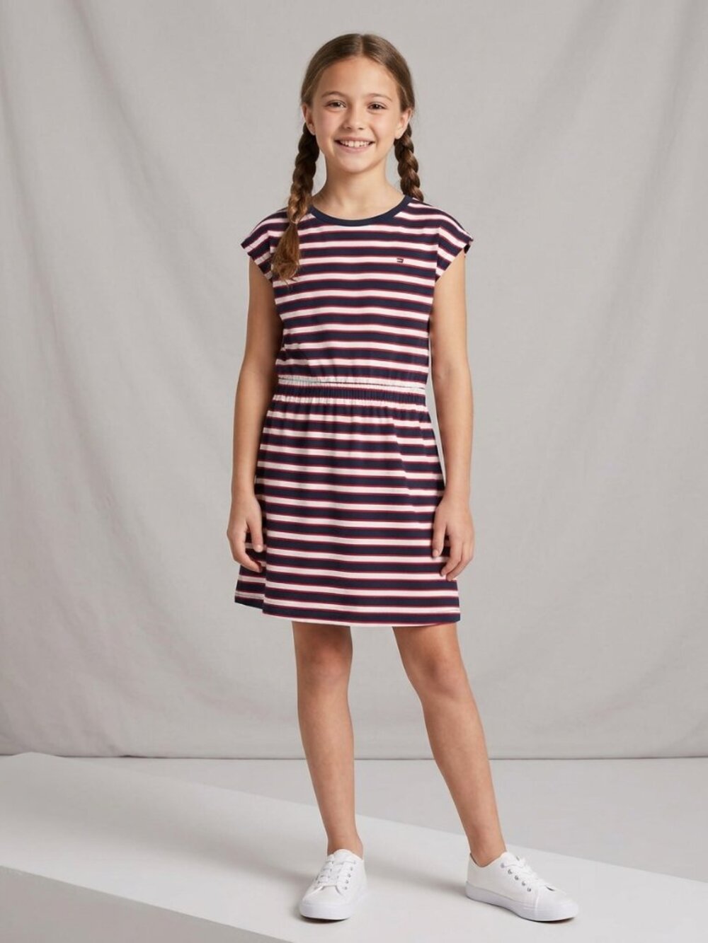 Tommy Hilfiger Navy, White & Red Striped Elastic-Waist Kids Dress size L